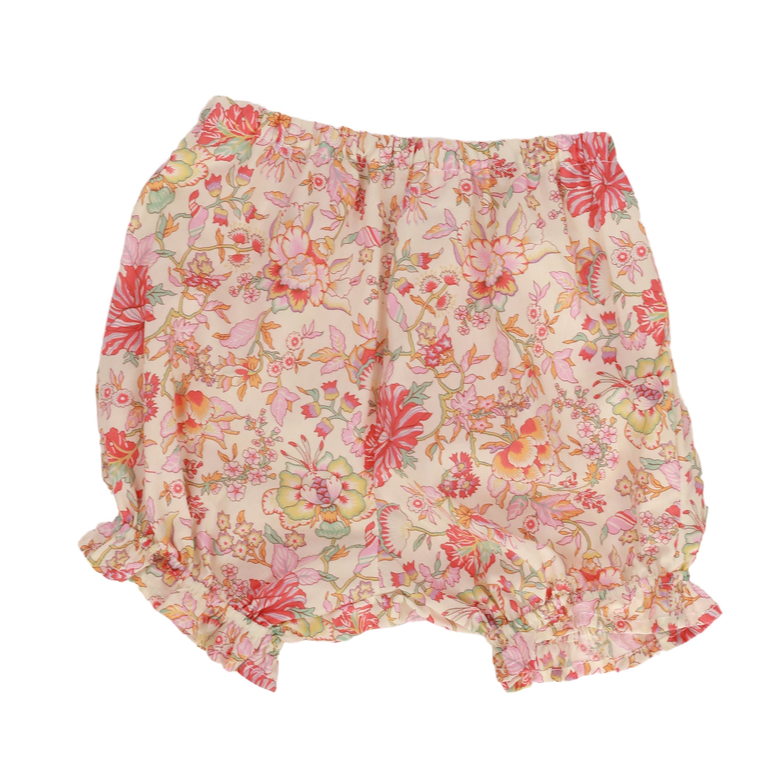 Floral-patterned baby bloomers on a white background